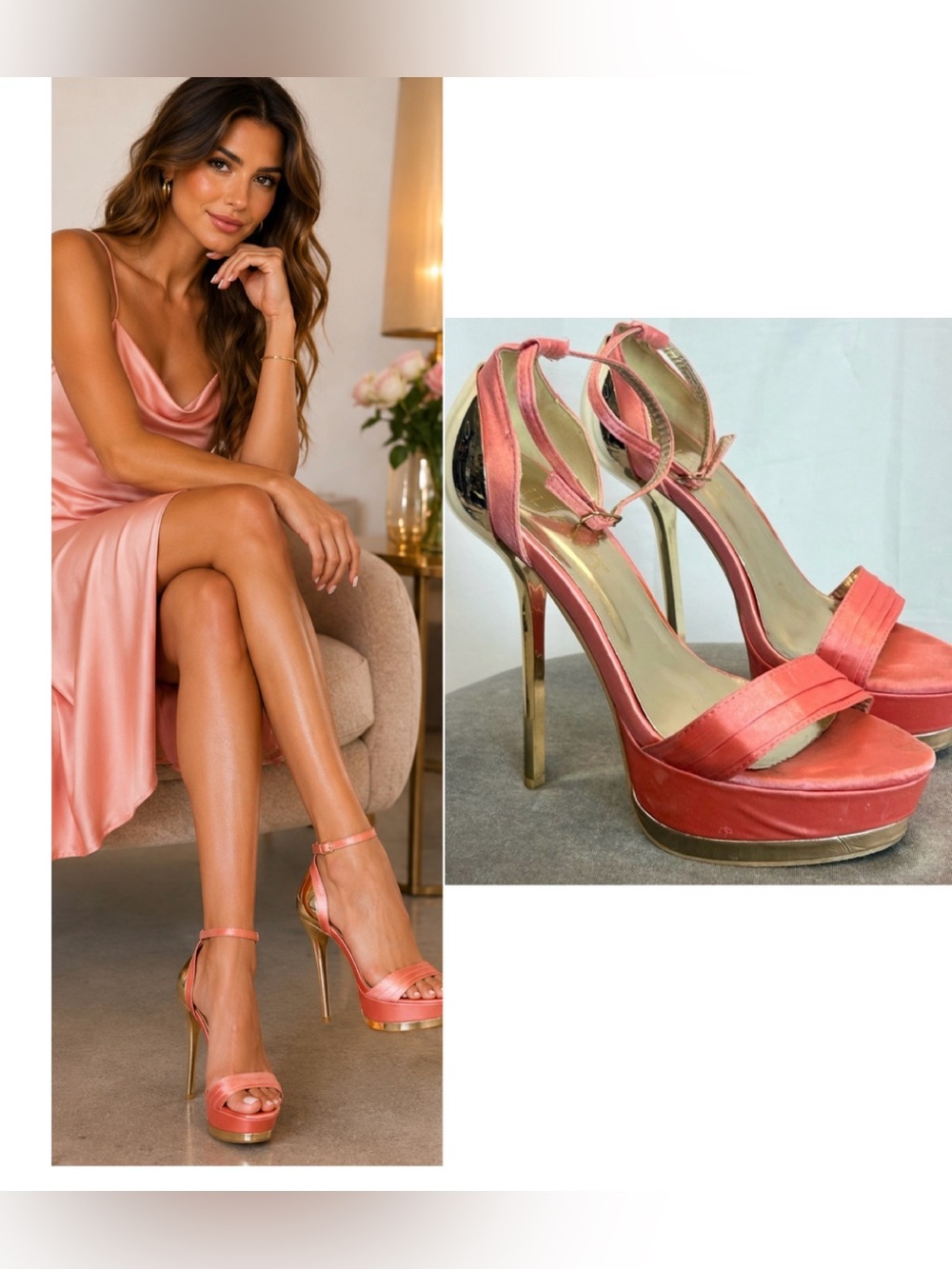 Liliana peach pink satin strappy gold tone metal high heel stiletto platforms